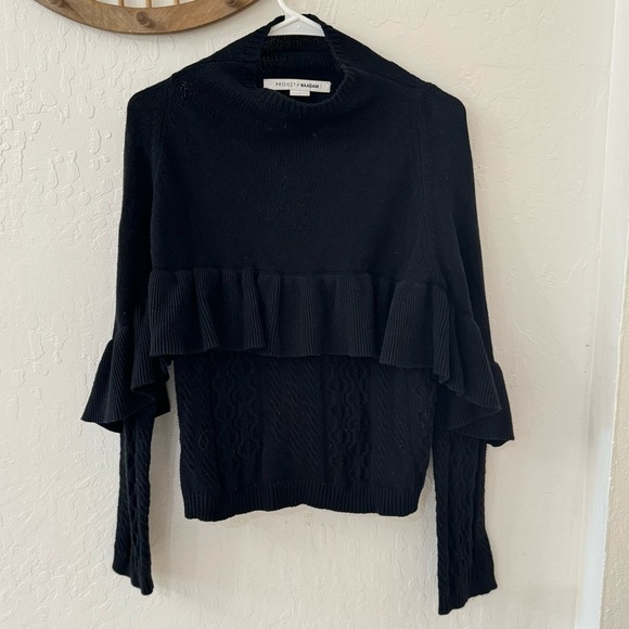 Project Naadam Black Cotton Acrylic Blend Ruffled Mock Neck Knit Sweater Small - Picture 2 of 9